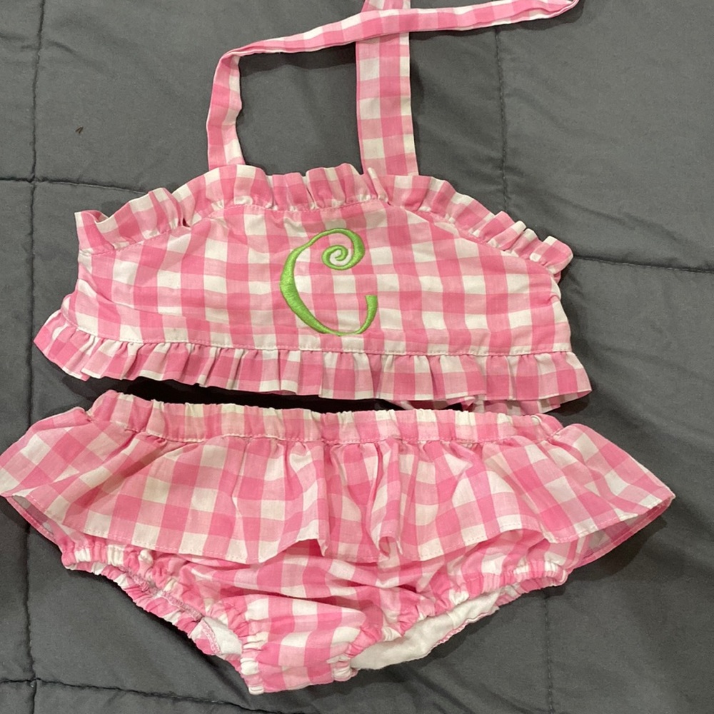 Pink gingham bikini. Banana Split. Embroidered “C”. Top ties around neck. GUC